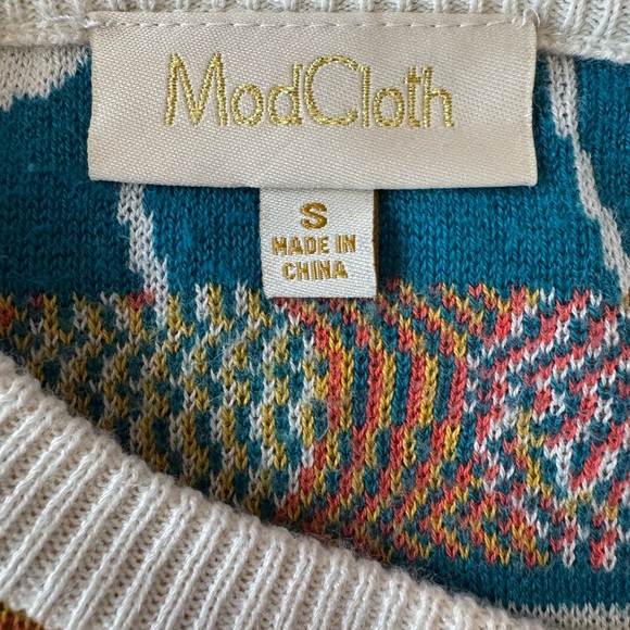 Modcloth Short Sleeve Sweater with Colorful Retro Pattern - Picture 3 of 3